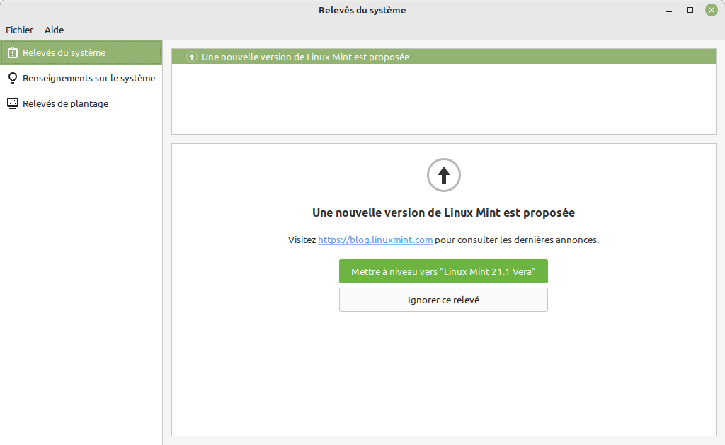 Relevés du systeme prevenant qu'une nouvelle version est disponible