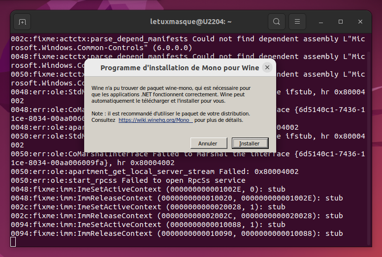 Configuration de wine - installation mono
