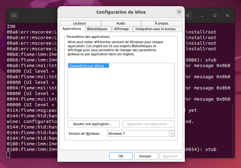 configuration de wine