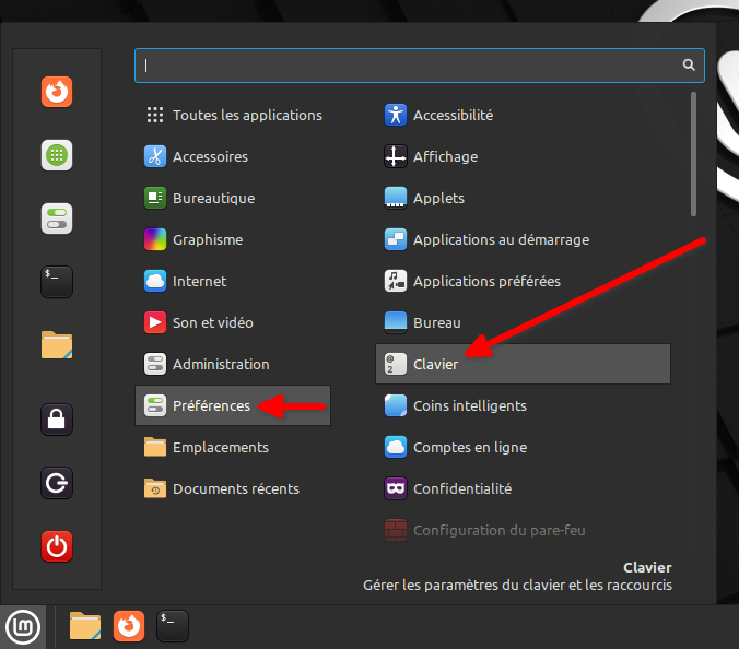 Linux Mint Cinnamon - accès paramètres clavier par menu