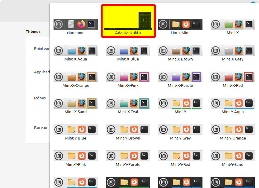 Thème Adapta-Nokto installé depuis le gestionnaire dans la liste des thèmes de bureau