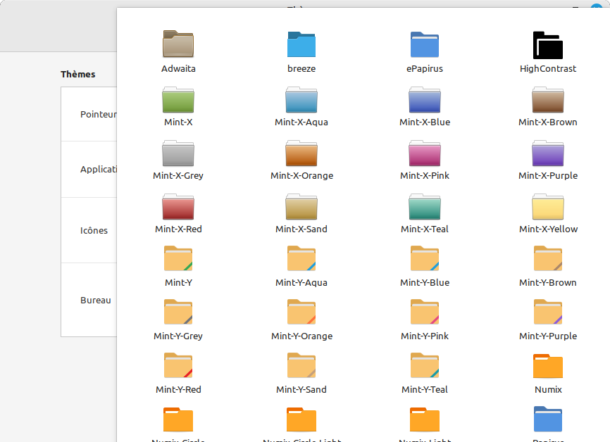 Extrait des thèmes installés par défaut dans Linux Mint 21.1 pour les icônes