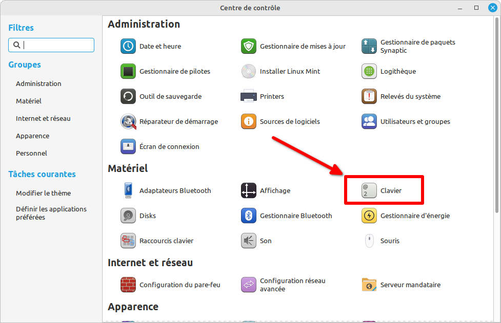 Linux Mint MATE - accès paramètres clavier par centre de contrôle