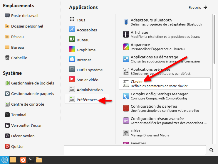 Linux Mint MATE - accès paramètres clavier par menu