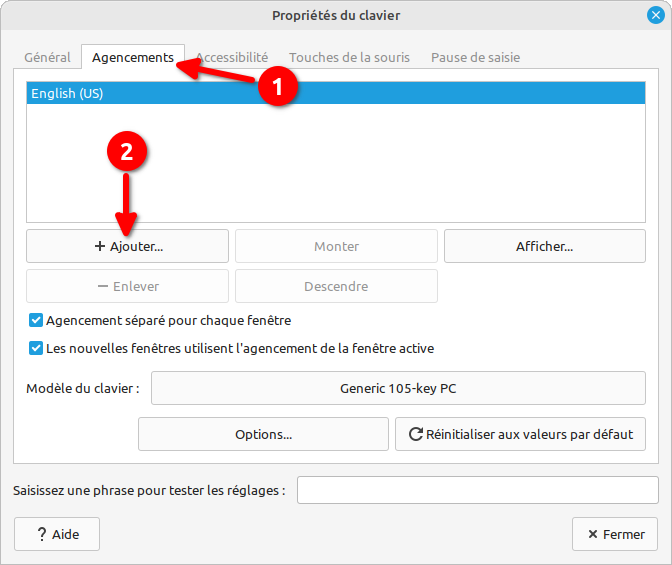 Linux Mint MATE - paramètres clavier agencements