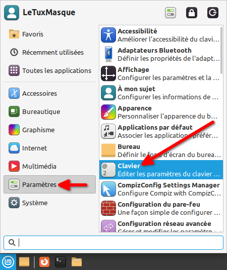 Linux Mint XFCE - accès paramètres clavier par menu