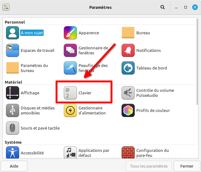 Linux Mint XFCE - accès paramètres clavier par paramètres