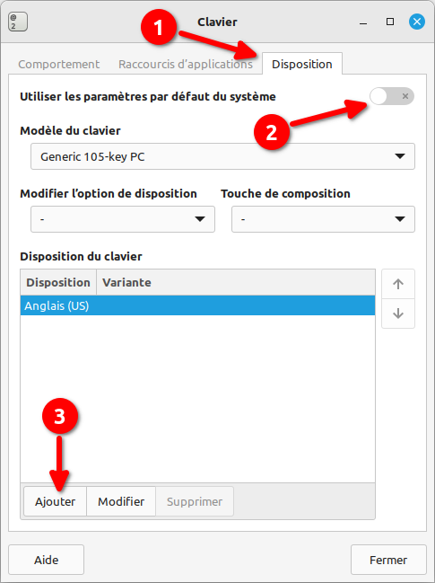 Linux Mint XFCE - paramètres clavier disposition