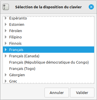 Linux Mint XFCE - sélectionner une disposition de clavier