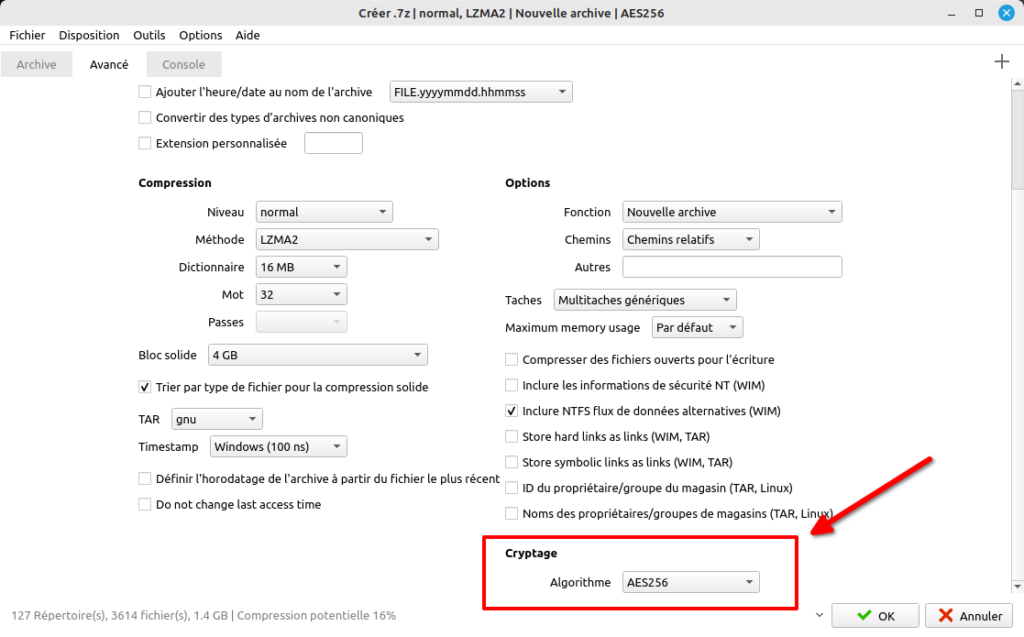 peazip - avancé option cryptage