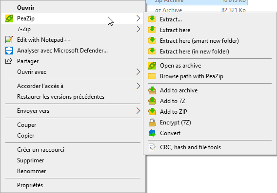 peazip - menu contextuel windows