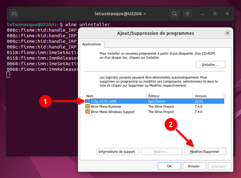 Désinstaller application windows sur linux