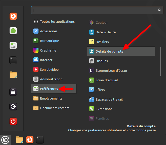 Accès détails du compte sous Cinnamon Linux Mint
