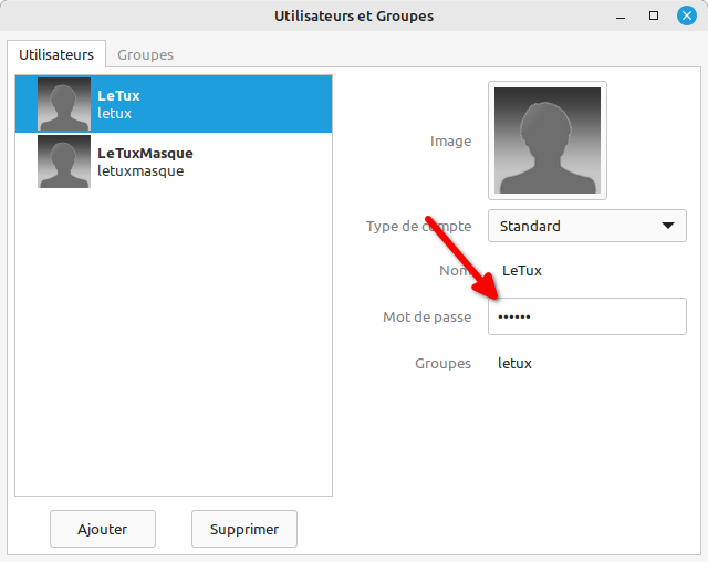 Changer le mot de passe dans utilisateurs et groupes sous Linux Mint Cinnamon