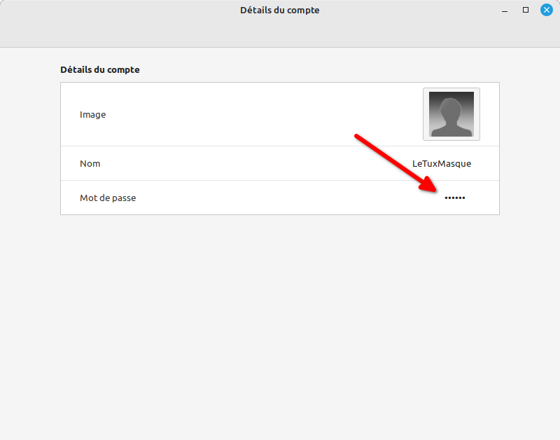 Changer le mot de passe dans détail compte sous Cinnamon Linux Mint