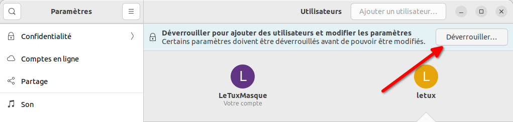 Déverrouiller pour modifier un autre utilisateur sous Gnome