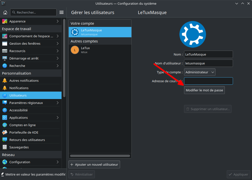 Accès pour changer mot de passe dans KDE