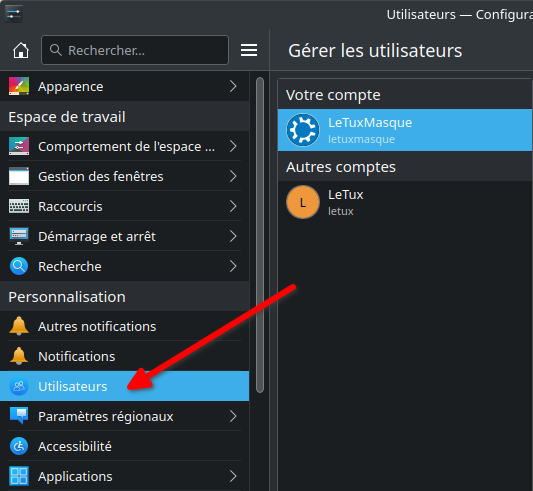 Accès utilisateurs dans la configuration système de KDE