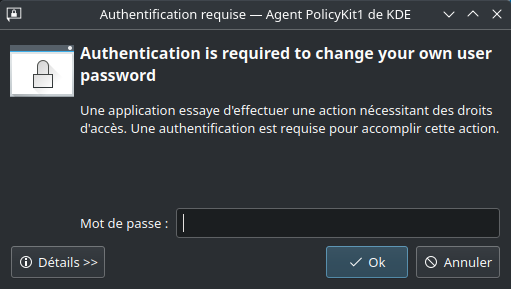 changer mdp user sous linux - kde - authensification pour changer
