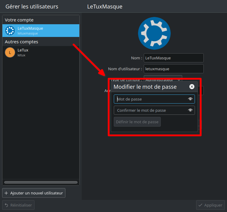 Définir nouveau mot de passe dans KDE