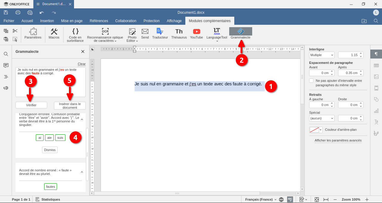 Correcteur grammatical Grammalecte dans OnlyOffice