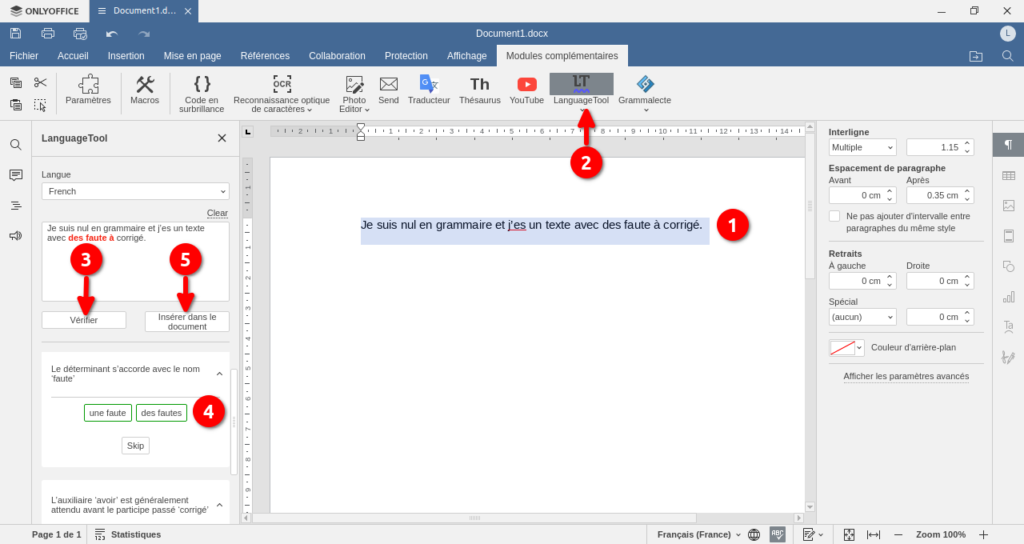 Correcteur grammatical LanguageTool dans OnlyOffice