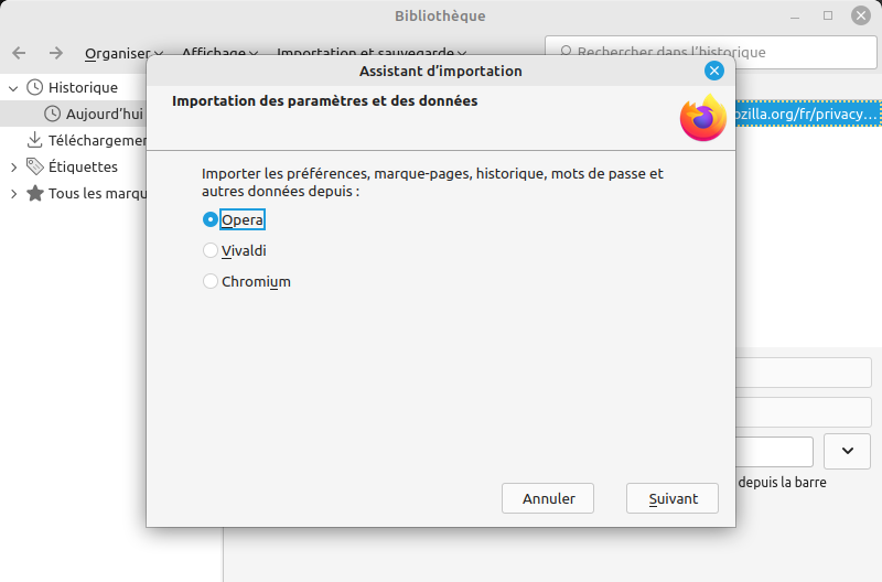 Firefox 110 - import données depuis un autre navigateur