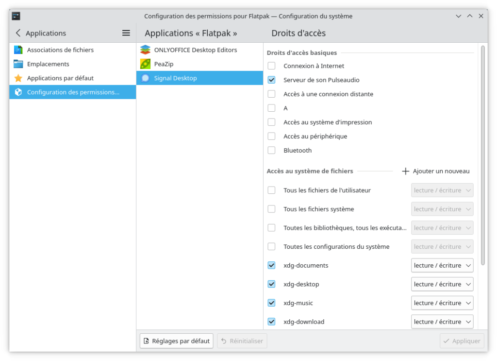 KDE Plasma 5.27 - Configuration des permissions flatpak