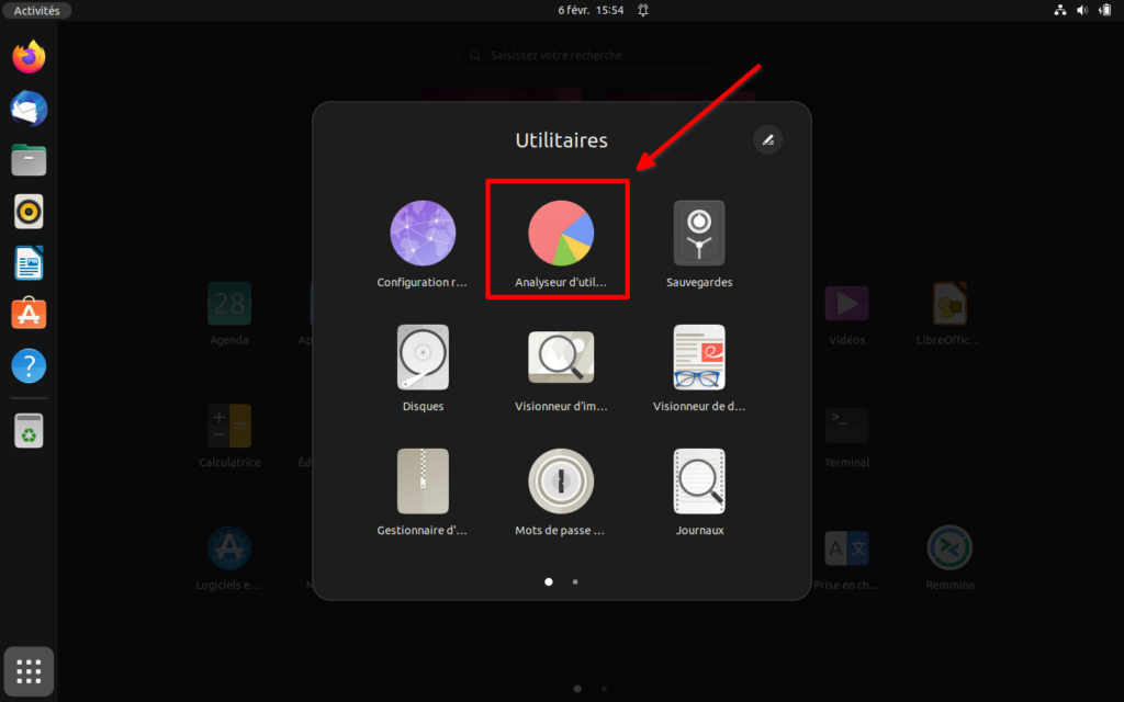 Lanceur Disk Usage Analyzer dans le menu GNOME