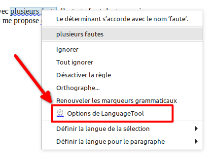 Accès à la configuration de l'extension LanguageTool par menu contextuel dans LibreOffice