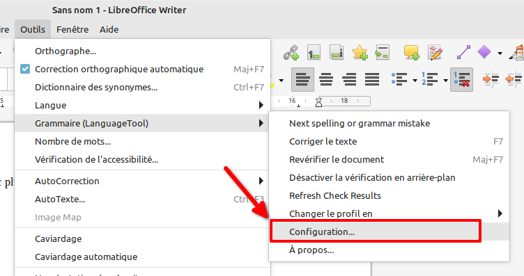 Accès à la configuration de l'extension LanguageTool par menu outils dans LibreOffice