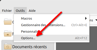 Accès aux options de LibreOffice