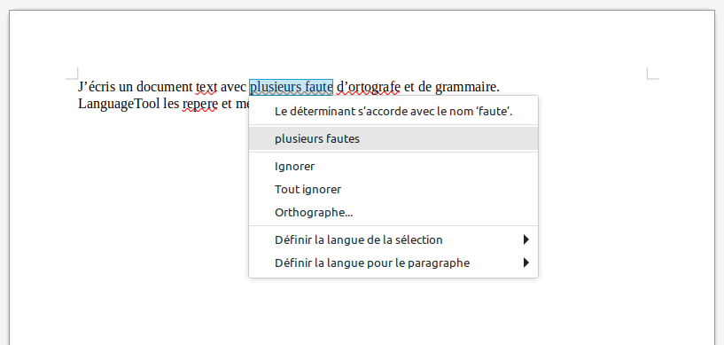 Correction des fautes avec l'API LanguageTool active dans LibreOffice