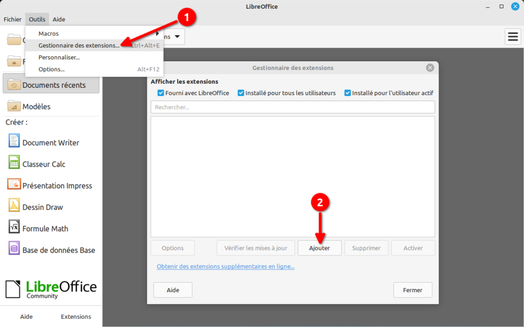 LibreOffice - gestionnaire des extensions
