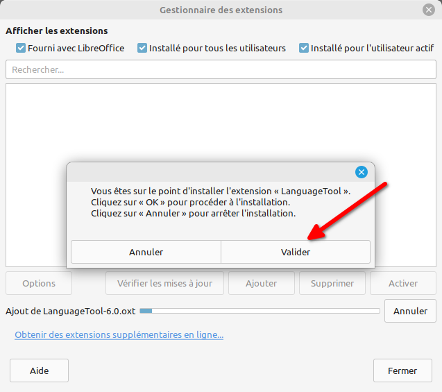 Valider l'installation d'une extension dans LibreOffice