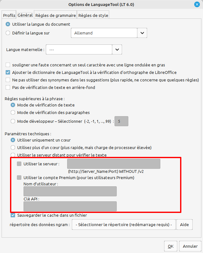 Options de l'extension LanguageTool