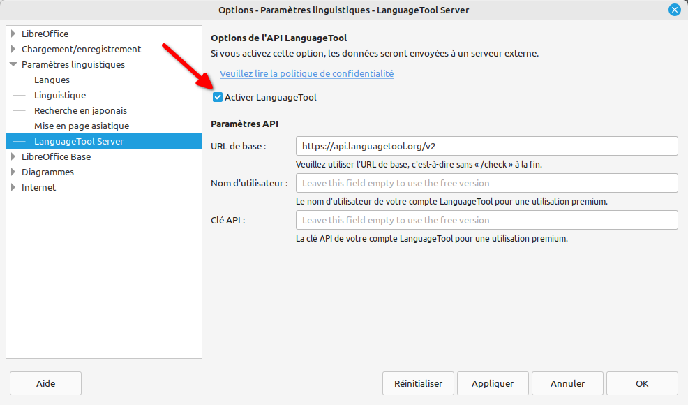 LibreOffice - Options LanguageTool server