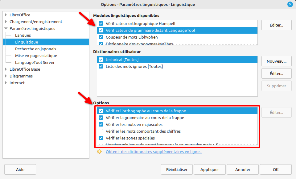 Options de linguistique dans LibreOffice avec API LanguageTool active
