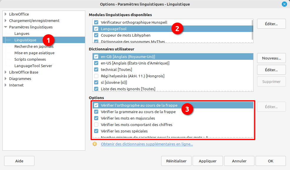 Options de linguistique dans LibreOffice avec l'extension LanguageTool