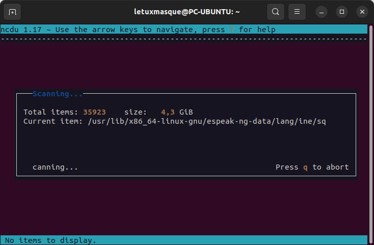 ncdu analyse espace disque dans un terminal sous Linux