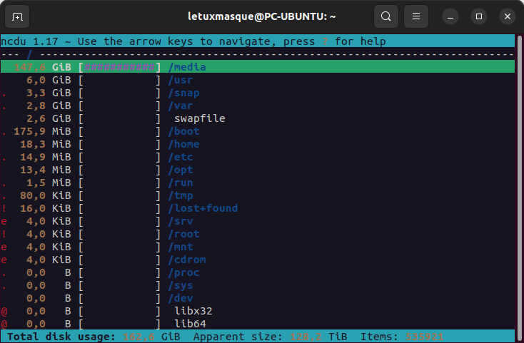 ncdu resultat analyze espace disque dans un terminal sous Linux