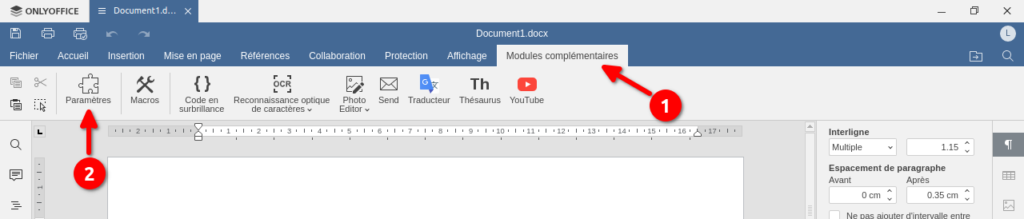 Onglet Modules complémentaire dans OnlyOffice