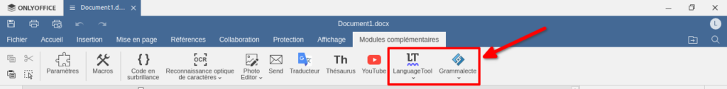 Grammalecte et LanguageTool dans l'onglet des modules complémentaires