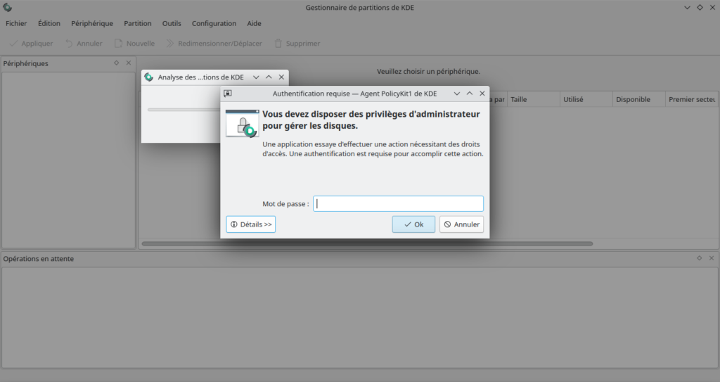 Gestionnaire de partition kde - mot de passe admin