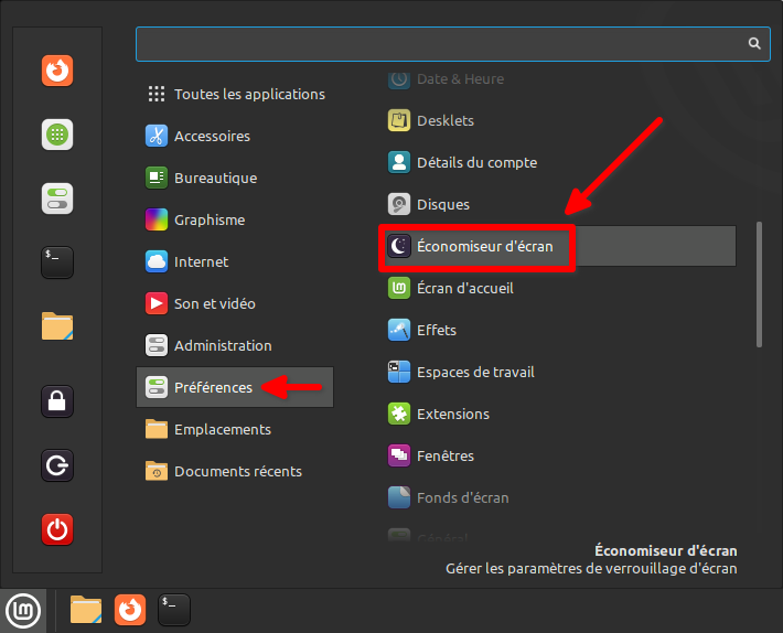 Linux Mint Cinnamon - accès économiseur d'écran