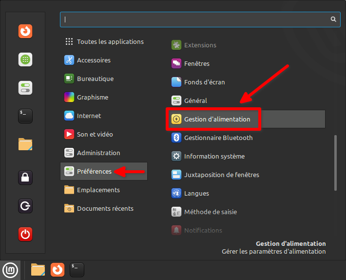 Accès gestion alimentation dans Linux Mint Cinnamon
