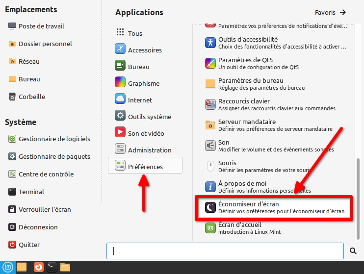 Linux Mint Mate - Accès préférences économiseur d'écran