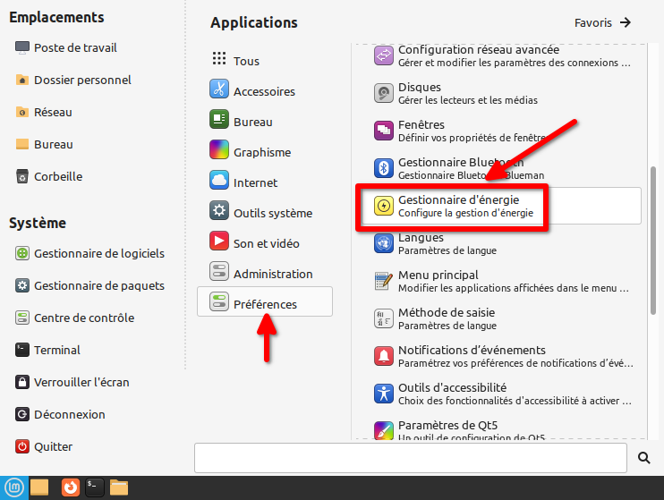 Linux Mint Mate - Accès gestionnaire d'énergie