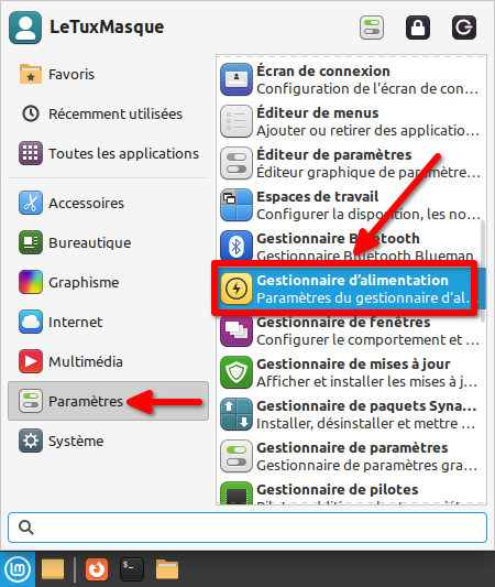 XFCE - Accès gestionnaire d'alimentation