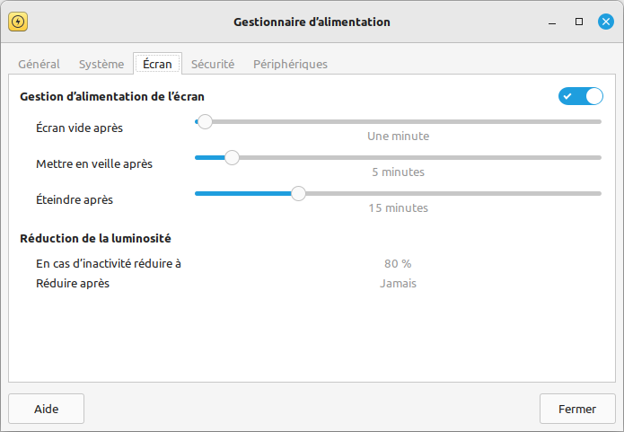 XFCE - Gestionnaire d'alimentation - écran - pc bureau